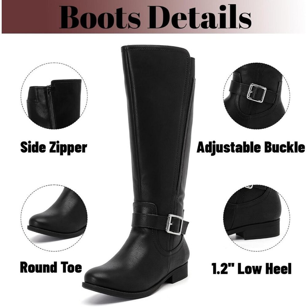 Women's Leather Black Knee High Flat Tall Zipped Round Toe Winter Casual Boot - Picture 4 of 6